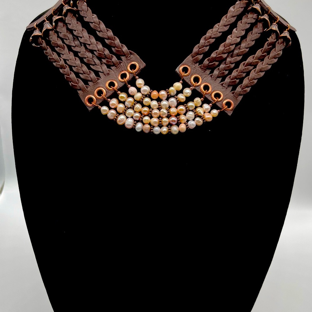 Vintage Handmade Crafted Leather necklace with natural pearls
